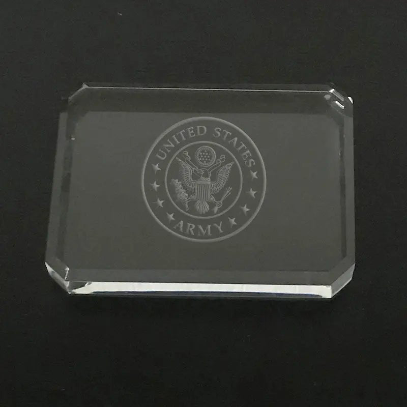 US Army Logo Paperweight - Custom Engraved Crystal Desk Accessory for Military Gifts.