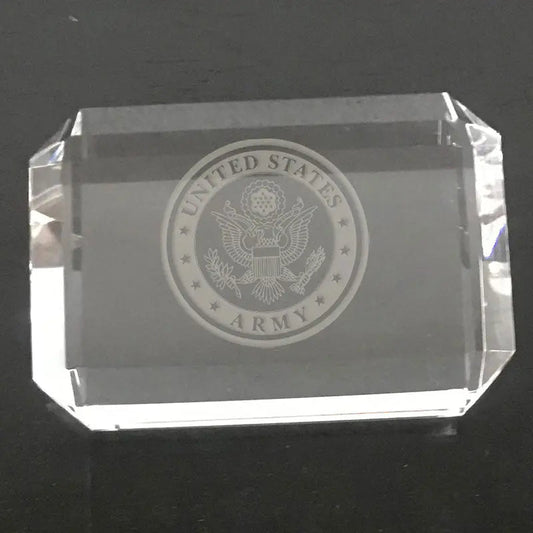 US Army Logo Paperweight - Custom Engraved Crystal Desk Accessory for Military Gifts.