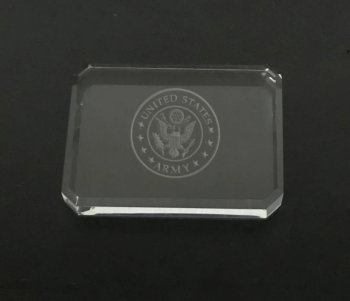 US Army Logo Paperweight - Custom Engraved Crystal Desk Accessory for Military Gifts.