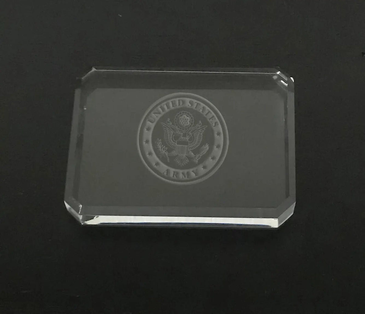 US Army Logo Paperweight - Custom Engraved Crystal Desk Accessory for Military Gifts.