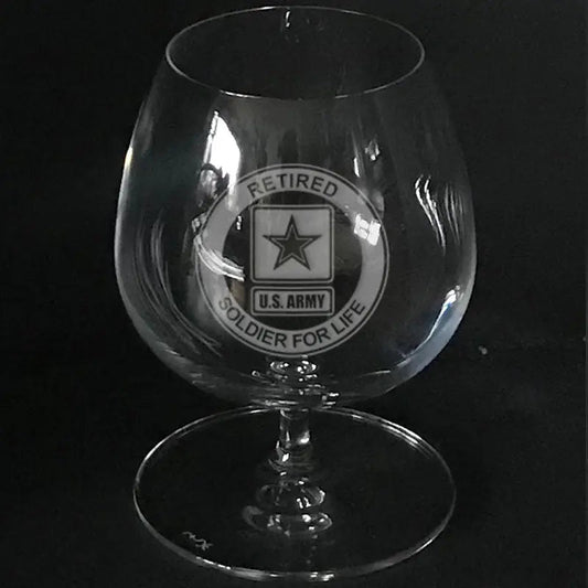 US Army logo 'retired soldier for life'  engraved on brandy snifter Crystal House