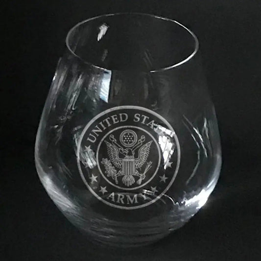 US Army logo sand carved on stemless wine glass Crystal House