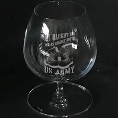 US Army  "my daughter wears combat boots" on brandy snifter Crystal House