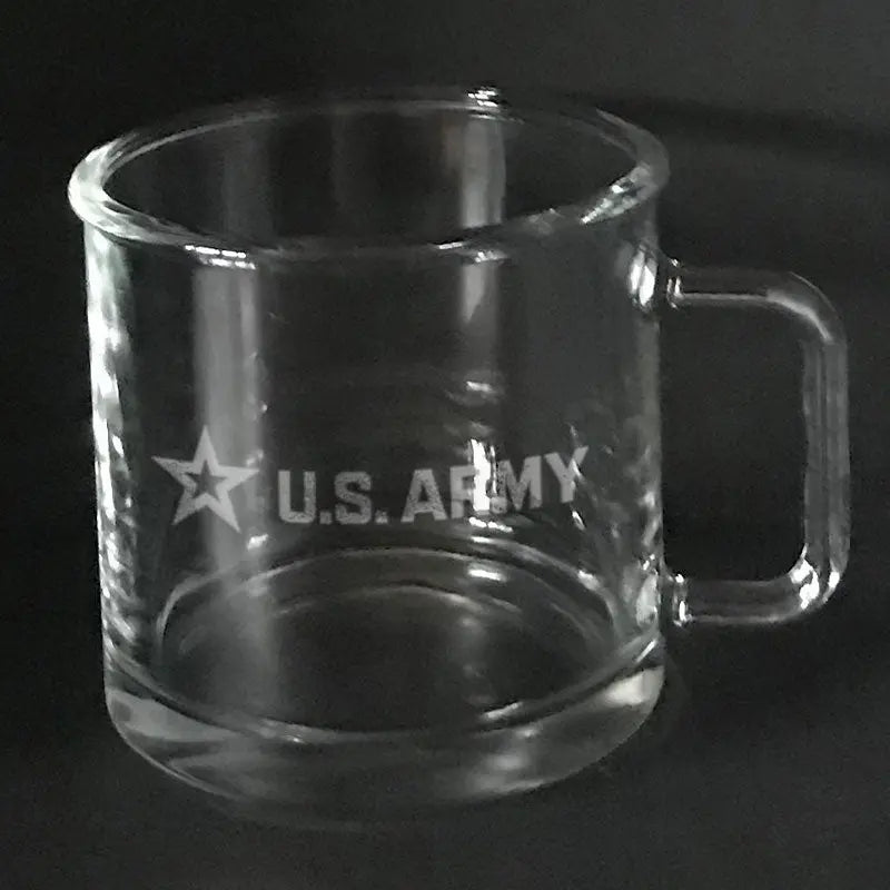 US Army Star Engraved Warm Beverage Mug - Custom Etched Glass Coffee Cup.