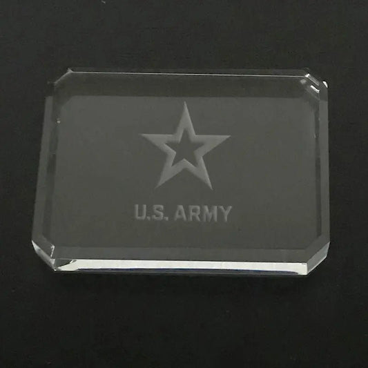 US Army Star Paperweight, Custom Engraved Crystal Desk Accessory.