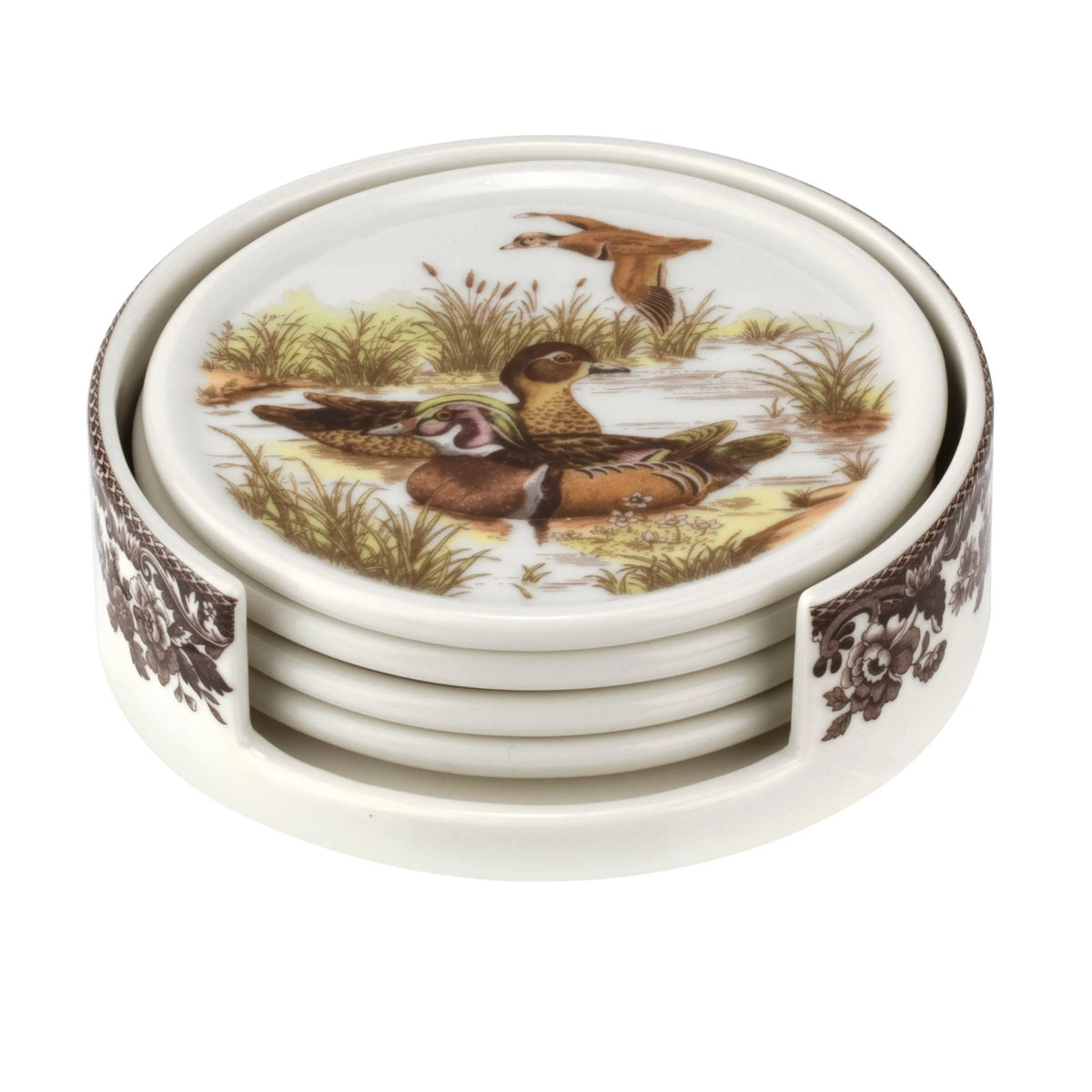 Woodland Dinnerware / Serveware / Bakeware 4 Piece Ceramic Coaster Set with Holder Spode