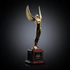 Cast silver or 24k gold-plated metal award and rosewood finish base with black brass or aluminum plate