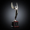 Cast silver or 24k gold-plated metal award and rosewood finish base with black brass or aluminum plate