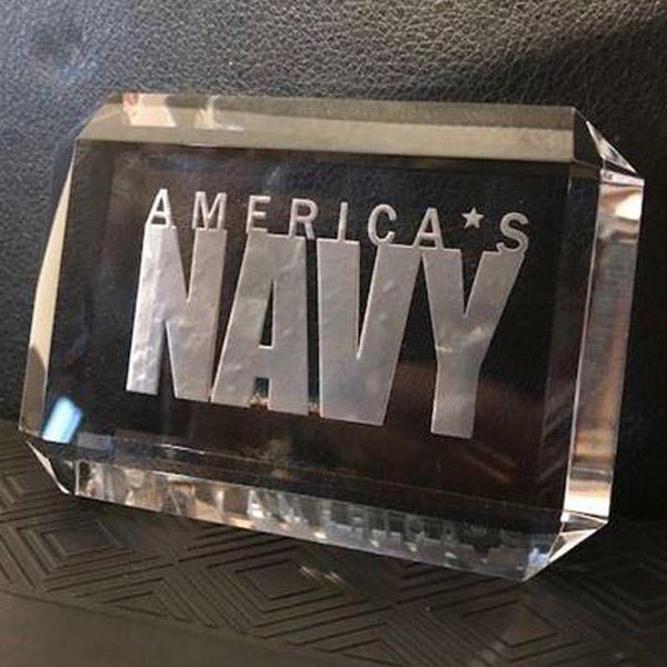 American Navy Paperweight - Custom Engraved Crystal Desk Accessory with America's Navy Slogan.