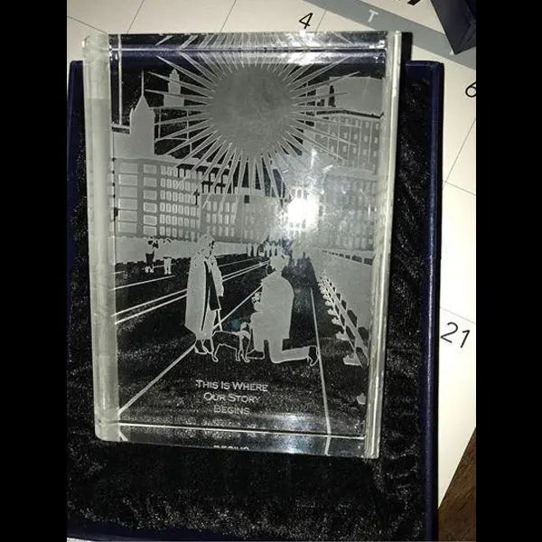 Book shaped crystal block with custom deep etching of actual marriage proposal. Let us know how we can memorialize your special days! Crystal House