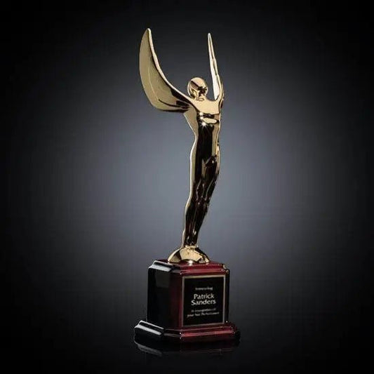 cast silver or 24k gold plated metal award and rosewood finish base