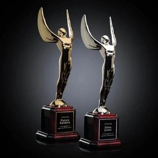cast silver or 24k gold plated metal award and rosewood finish base with black brass