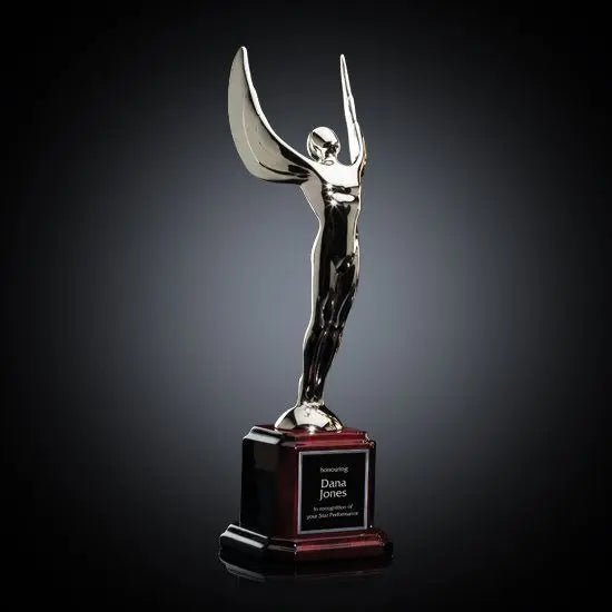 Cast silver or 24k gold-plated metal award and rosewood finish base with black brass or aluminum plate Crystal House
