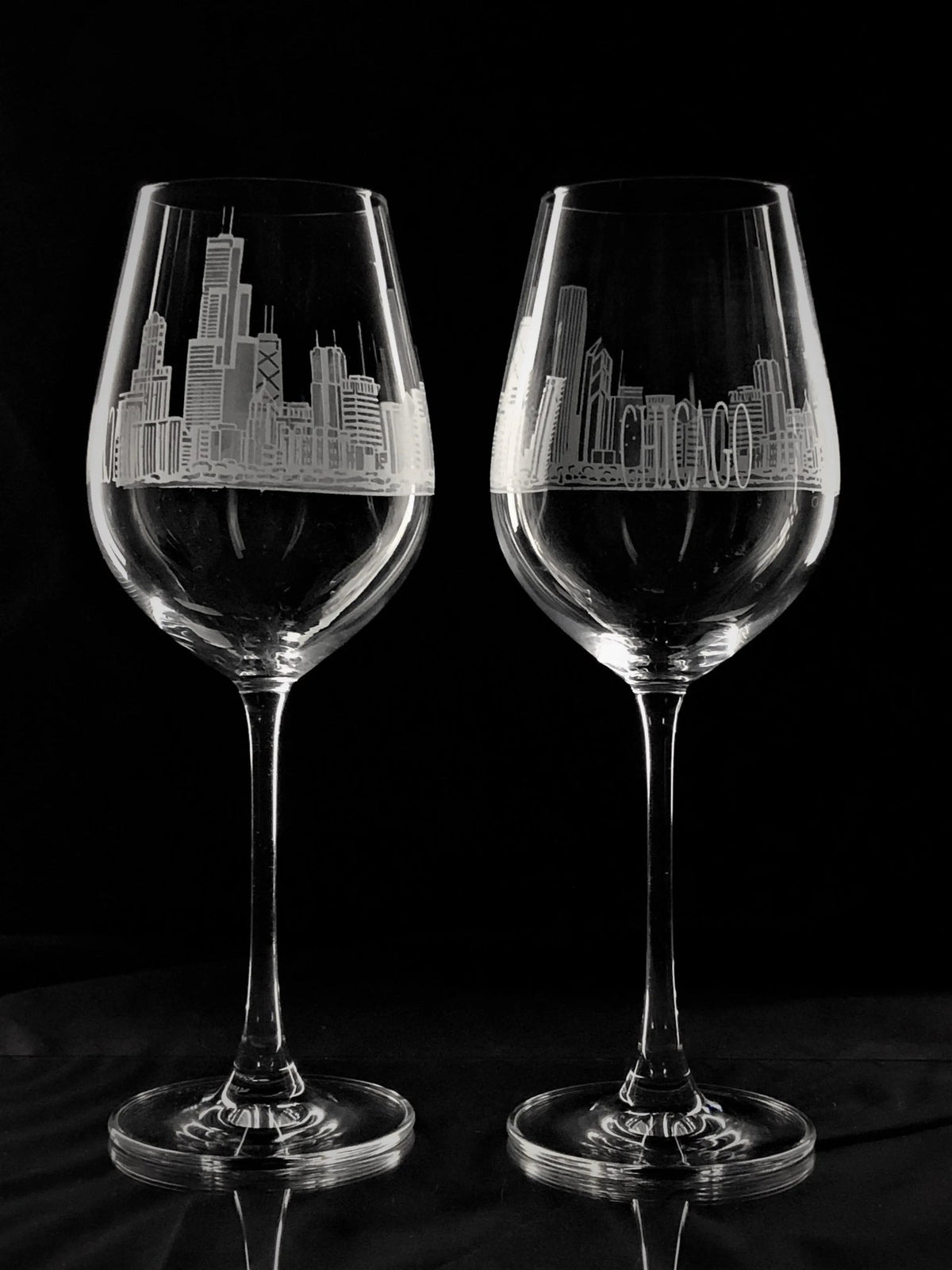 Chicago Engraved Wine Glasses White Pair with elegant city skyline design