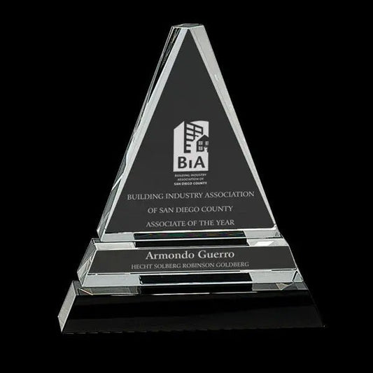 Clear Triangle on Black Crystal pedestal base | Personalized Recognition Gifts and Corporate Awards Crystal House