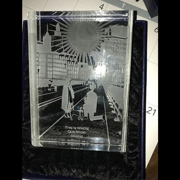 Book shaped crystal block with custom deep etching of actual marriage proposal. Let us know how we can memorialize your special days! - Crystal House