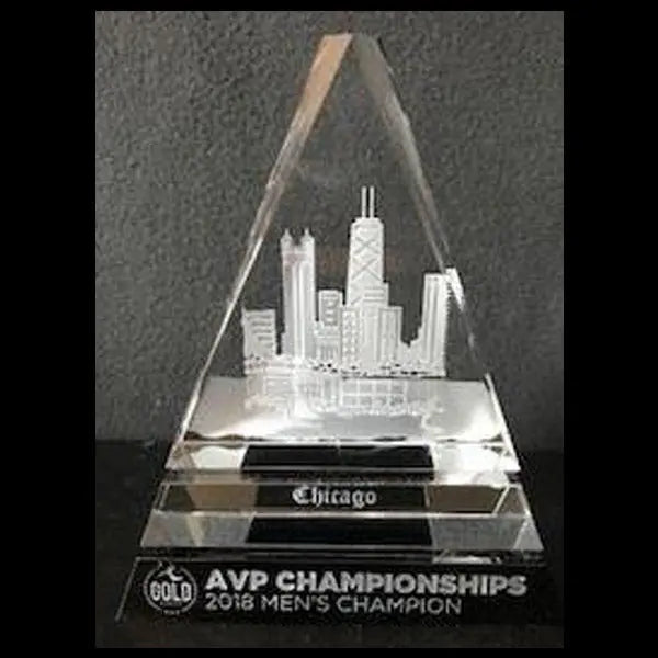 Custom Crystal Triangle Engraving - Chicago Skyline Championship Award for Corporate Gifts.