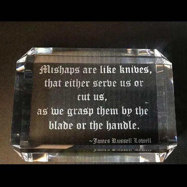 Engraved Paperweight with custom intellectual quote design