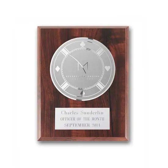 Etch Frosted Plaq - Walnut Finish Crystal House