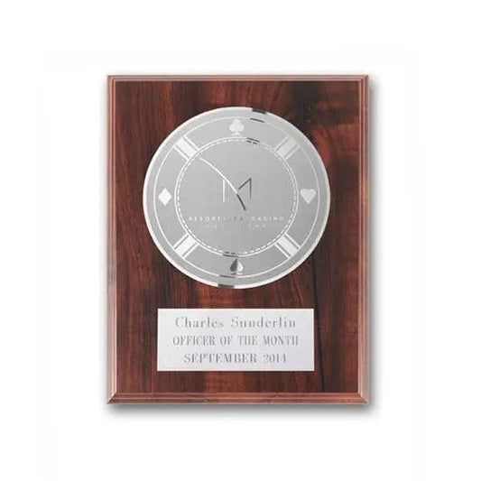 Etch Frosted Plaq - Walnut Finish Crystal House