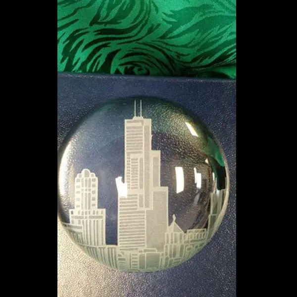 Gazing Dome Crystal Paperweight with hand-etched city skyline design