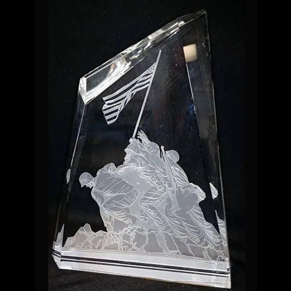 Custom Crystal Military Award - Raising the Flag on Iwo Jima Laser Engraving.