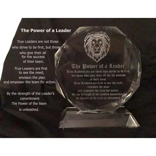The Power of a Leader Crystal Award - Premium Lion Engraved Trophy for Leadership Recognition.