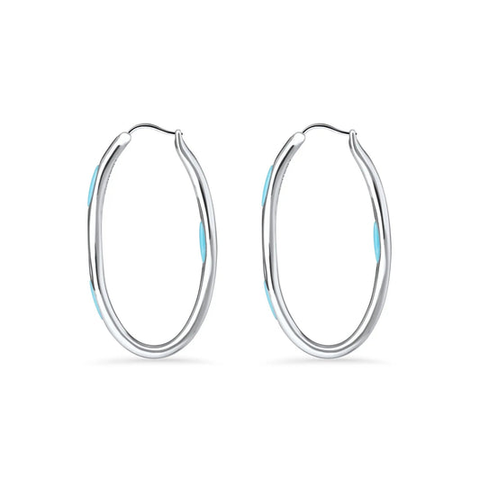 Marina Silver Flow Hoop Earrings - Sterling Silver and Turquoise Oval Hoops.