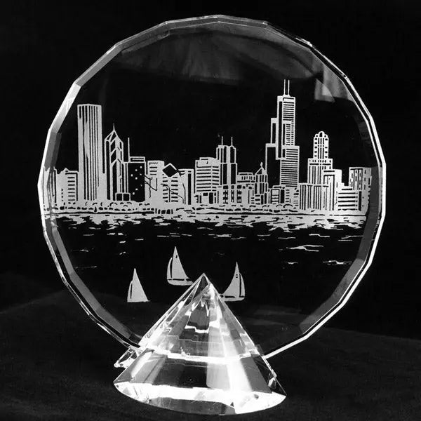 Pedestal Crystal With Custom Engraving, Round Trophy with Chicago Skyline and Sailboats.