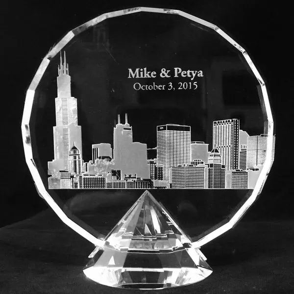 Pedestal Crystal With Custom Engraving, Round Trophy with Chicago Skyline and Sailboats.