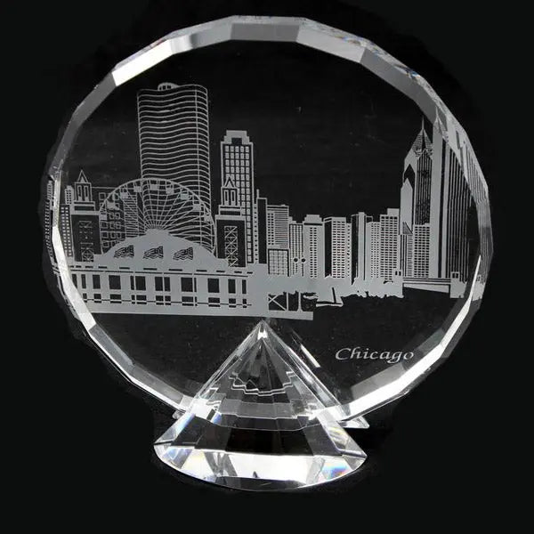 Pedestal Crystal With Custom Engraving, Round Trophy with Chicago Skyline and Sailboats.