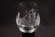 Skyline Stemless Wine Glass pair with engraved city skyline design