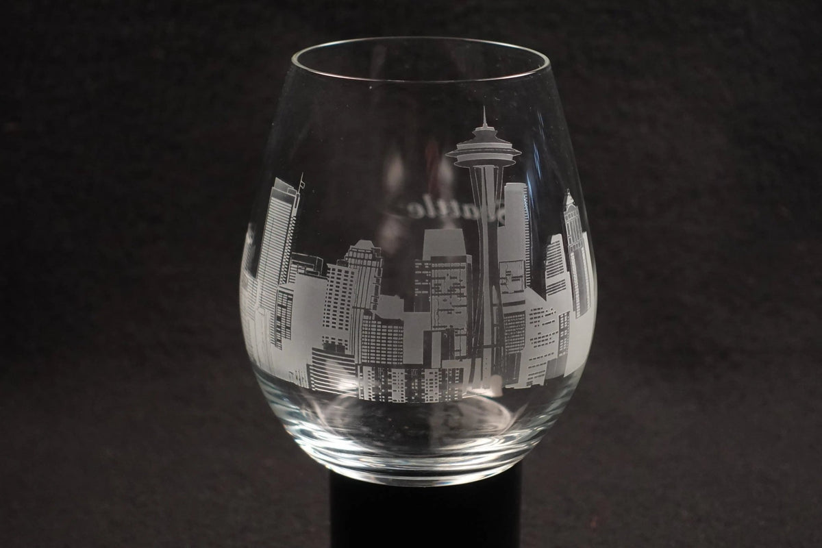 Skyline Stemless Wine Glass pair with engraved city skyline design
