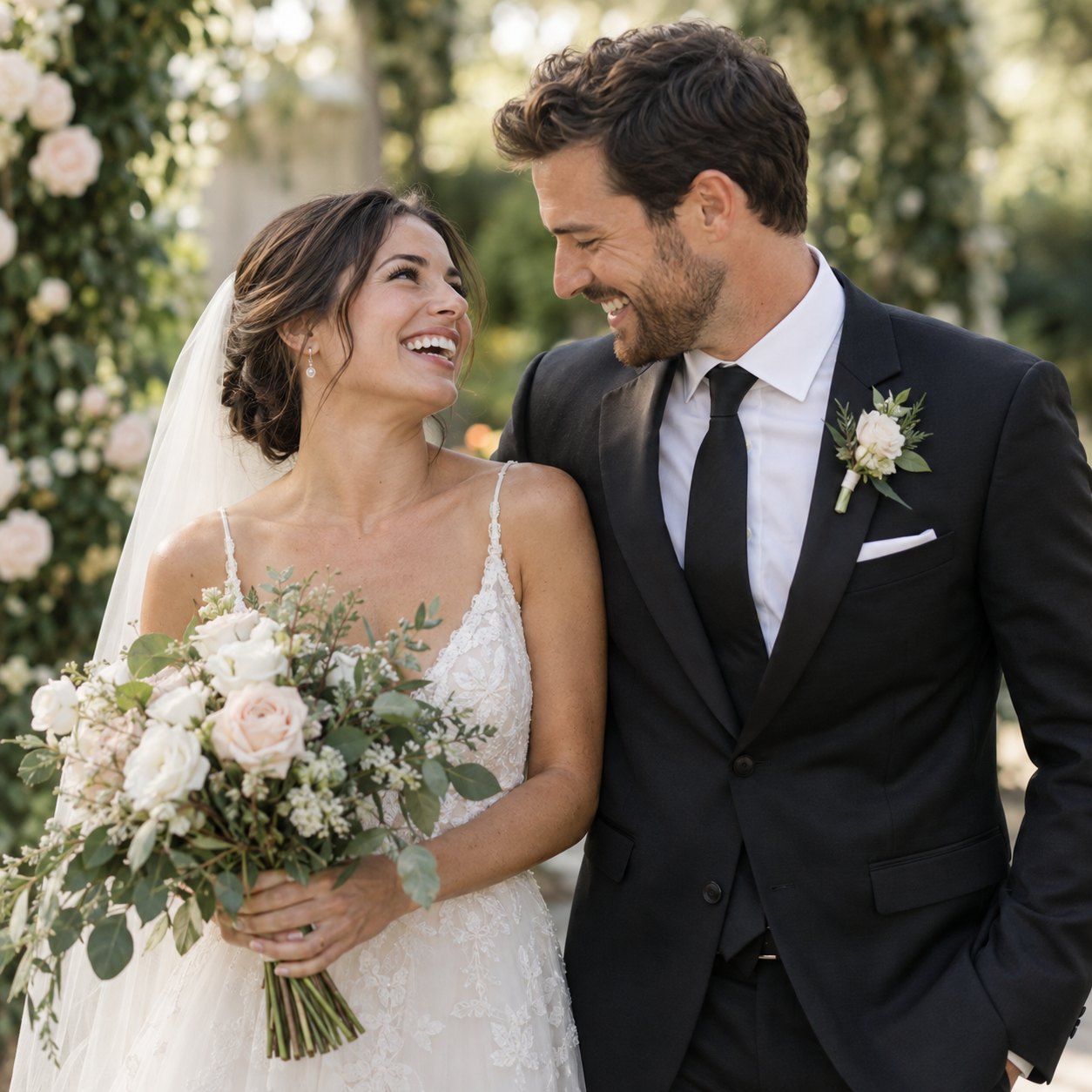 Amelia and James laughing on their wedding day