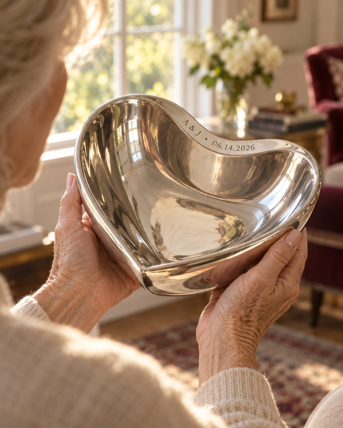 A mother holding a Nambé Love Bowl engraved A and J up to a window
