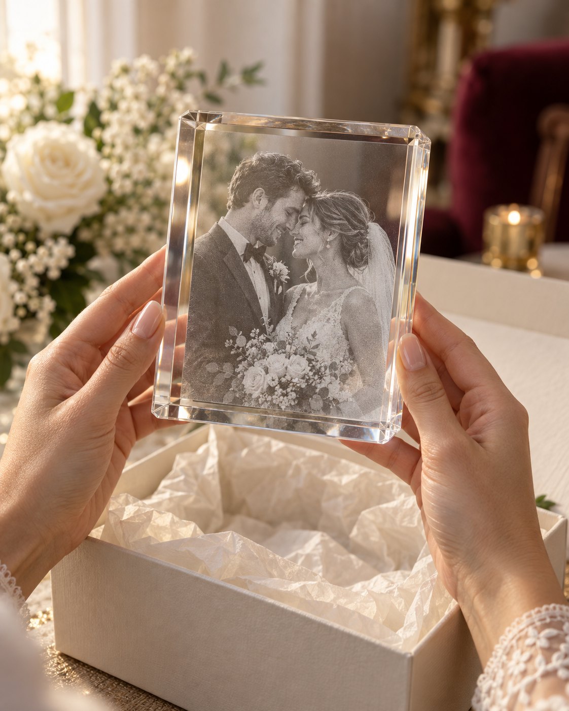A bride's hands lifting a 3D photo crystal from a tissue-lined box