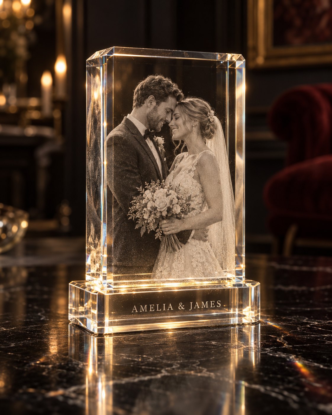 Amelia and James's wedding photograph engraved in 3D inside optical crystal, mounted on a fine-crystal base engraved with their names and date