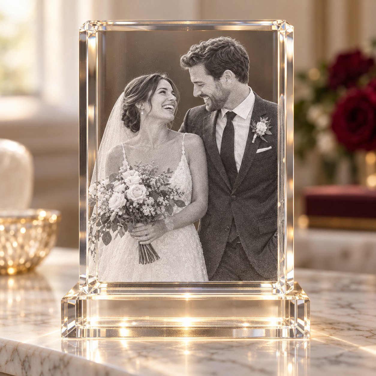 The same photo engraved in 3D inside crystal